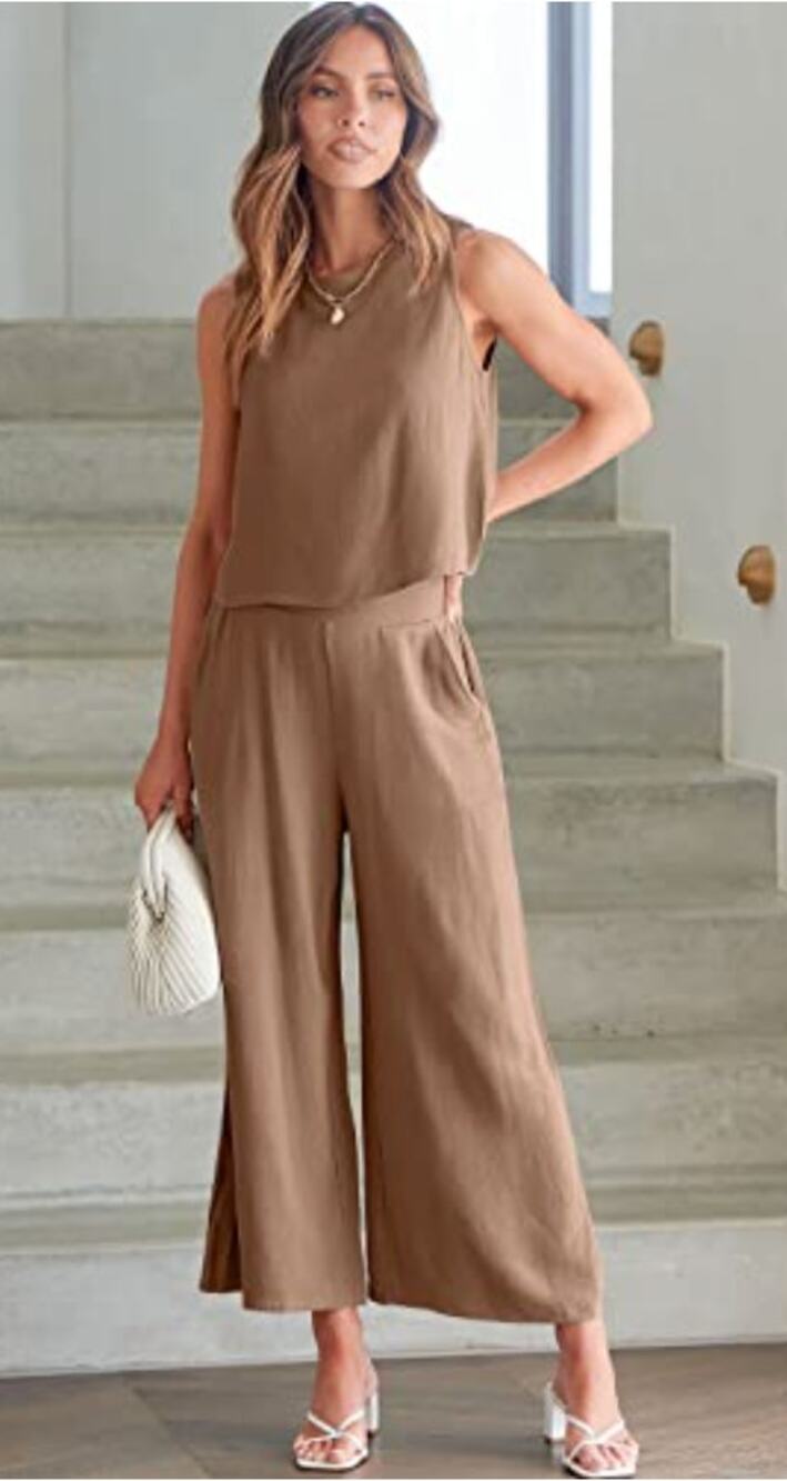 Anrabess 2 Piece Set Tank Crop Button Back Top Cropped Wide Leg Pants Khaki sz S